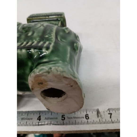 Vintage Green Majolica Pottery Ceramic Elephant Figurine Trunk Up Hand Painted - Picture 7 of 8